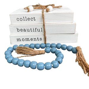 Decocrated Book Stack and Blue Beads Set Spring Easter White Wood